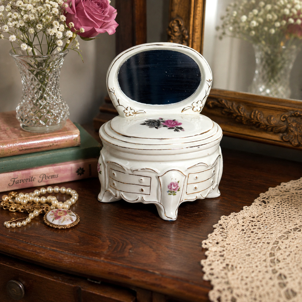 Vintage White Porcelain Vanity Trinket Box with Mirror and Lid 6" H